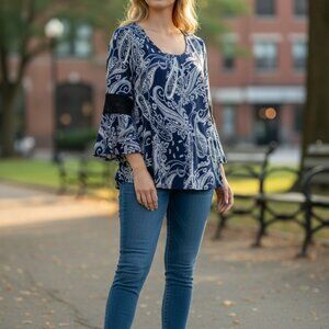 Roommates Navy Paisley Crochet Blouse XL Plus Boho Peasant Coastal Grandma